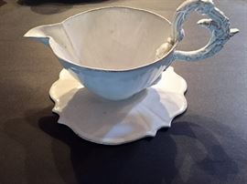Astier de Villatte Parisian grey clay sauce boat with stand.  From the Loire Valley artist Jean Baptiste Astier de Villatte.  Fired three times and twice glazed with a milk white finish.  Sublime.