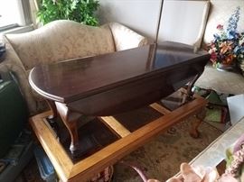 ONE OF A PAIR OF LOVESEATS, COFFEE TABLE WITH Queen Anne LEGS; GLASS AND OAK TBLE WITH BALL AND CLAW FEET