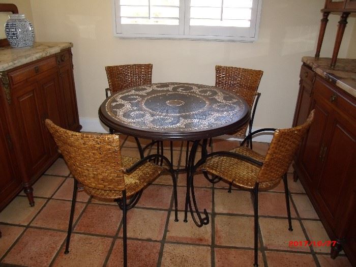 Mosaic tile top with metal base table and chairs
