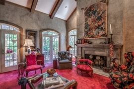 Large "faux" decorator tapestry (SOLD AT PREVIEW) over fireplace (horse in background has gone to son's or daughter's home as has the red armchair)