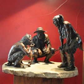 Glenna Goodacre original bronze entitled "White Man's Peace Pipe, bronze figures on sandstone base, #6 of 25, 13 1/2" by 18" by 12"