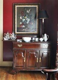 Ethan Allen server with Stieff pewter tea set, Rosenthal Studio Line espresso for 12, early 20th century European painting by Michel Reinhard from Cagle's gallery.