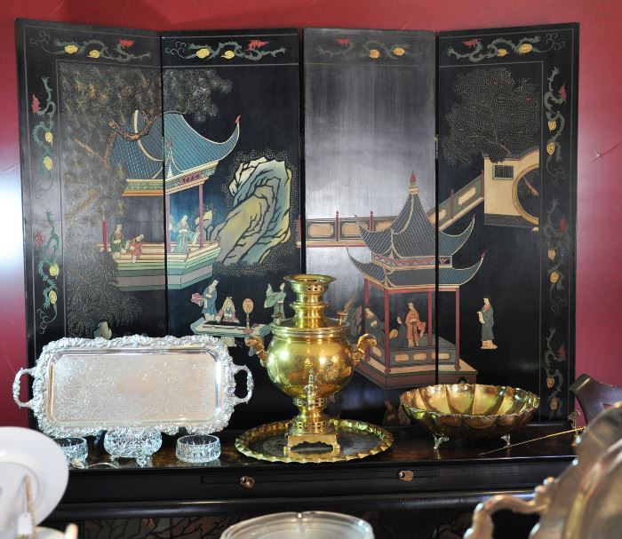 Asian carved and painted screen (SOLD AT PREVIEW) with brass samovar and other nice pieces