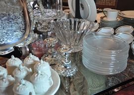 Another large Gorham tray with Godinger silver plate candlesticks, Rosenthal crystal bowl, Rosenthal glass plates, pots de creme sets on trays 