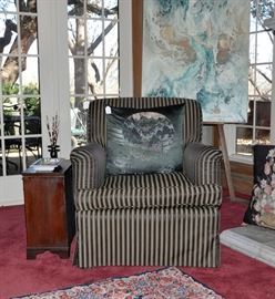 Club chair with an antique petite 6 drawer chest, large painting of a golfer by O. V. Taylor, 36: by 48"