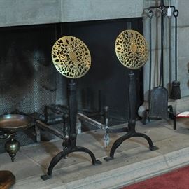 Pair of Virginia Metalcrafters andirons with sandcast brass work