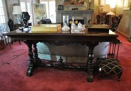 Very large inlaid Maitland-Smith library table, Grant Speed bronze, Waterford pieces, antique writing slope