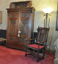 On top of the armoire is a large hand hewn dough bowl made from the center of a tree  (CHAIR WITHDRAWN BY FAMILY)