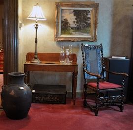 Washstand with antique Asian trunk underneath, painting by Robert Wagner, one of a pair of fine carved barley twist arm chairs BARLEY TWIST CHAIRS  WITHDRAWN BY FAMILY