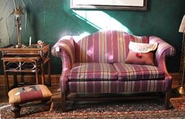 Ethan Allen loveset, pair of rattan and glass stack end tables (one needs new glass), adorable acorn leg foot stool