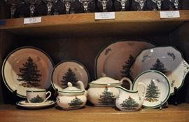 A full set of Spode Christmas Tree dinner ware is found with some many different items in the butler's pantry.  See our website for many more pictures.