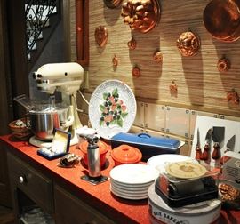 Heavy duty vintage Kitchen Aid stand mixer with meat grinder and 4 different mixing utensils (SOLD AT PREVIEW), Le Crueset fish poacher, Brie baker, torch, place card holders, cheese plates and knives, cookie cutters, etc.