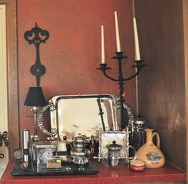 Beautiful trays, misc. tea and spice items, wrought iron decorative pieces