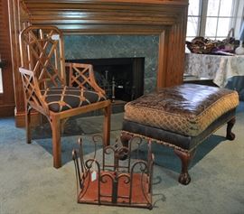 Antique accent chair (SOLD AT PREVIEW), wrought iron magazine rack and large Jeff Zimmerman ottoman