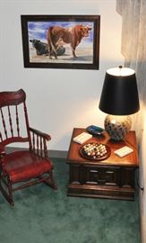 Join us for many nice things in the entertainment basement.  Watercolor is by Lubbock artist Susan Nall.  The red rocker is unavailable for sale.