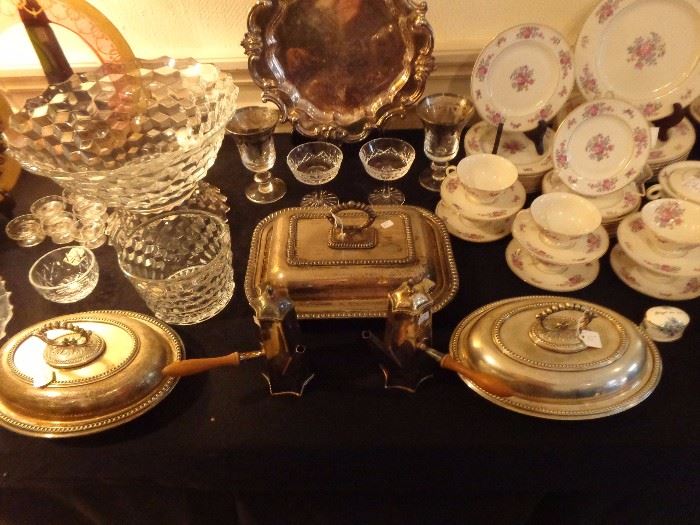 Fosteria "American" punch bowl ,ice bucket, pair of silverplate chocolate pots