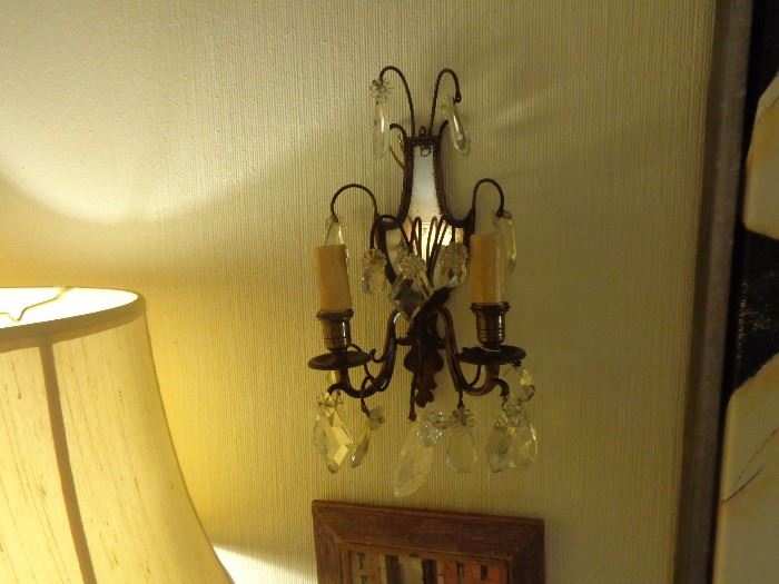 Pair of sconces mirrored back and crystals, center bottom drop is rock crystal