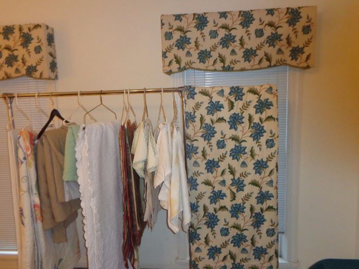 Pair of crewel valances and panels for two windows, 2 panels per window