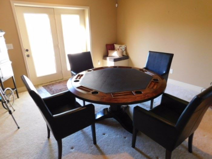 7 person Dual Dining/Poker table,see next picture for dining table top,comes with 4 leather chairs,5 foot round