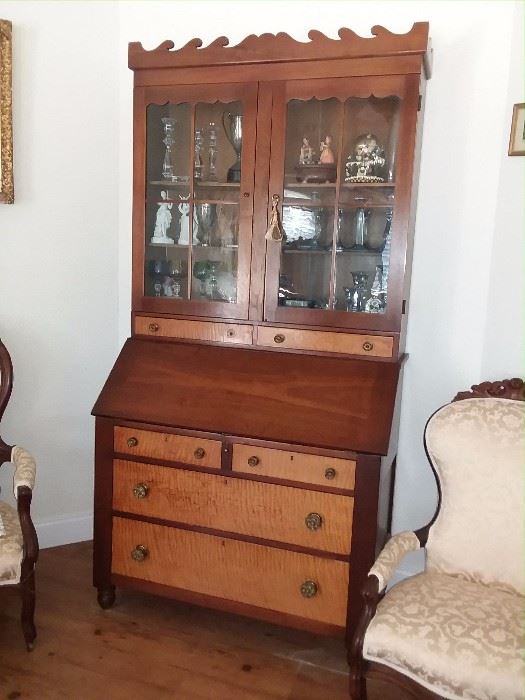 CIRCA 1850 WALNUT  AND CURLY MAPLE SECRETARY BOOKCASE - UNUSUAL "WAVE PATTERN  CORNICE"