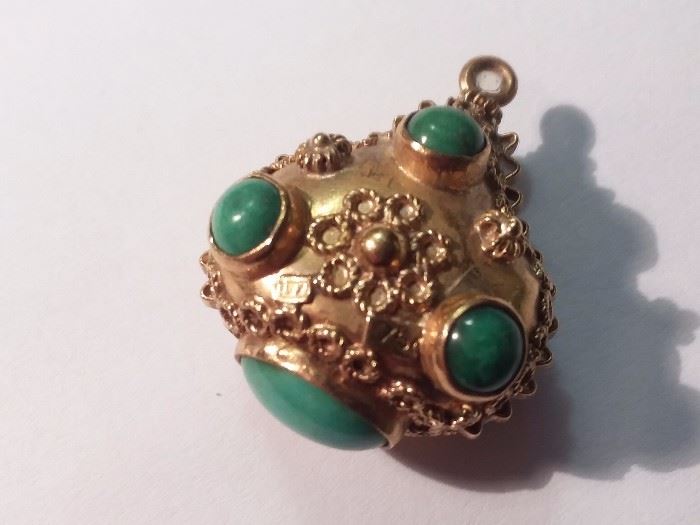 18K Gold Etruscan Pendant w/ Turquoise  Cabochons