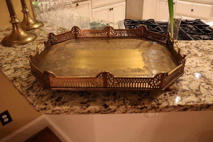 FOOTED BRASS PERCED GALLERY TRAY