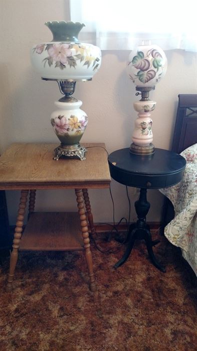 Oak Side Table, Painted Black Round Table w/ GWTW Lamps...