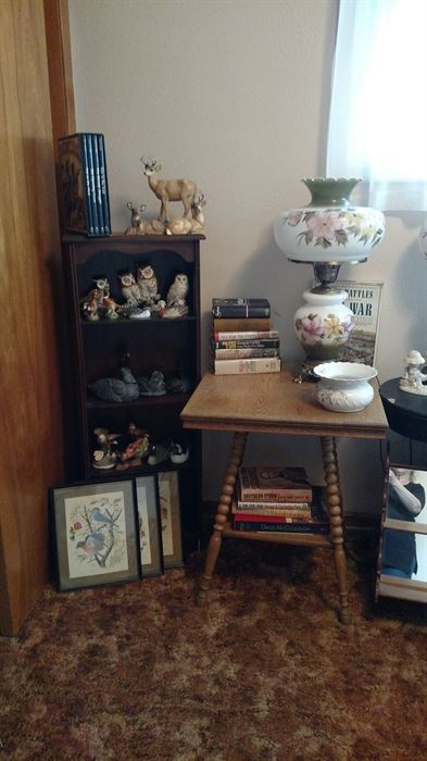 Book Shelf, Owl Figurines, Soap Stone Carvings, Civil War Books...