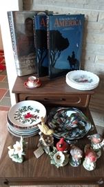 Collector Plates and Bird Figurines....Sofa Books, 1960's end and coffee tables...