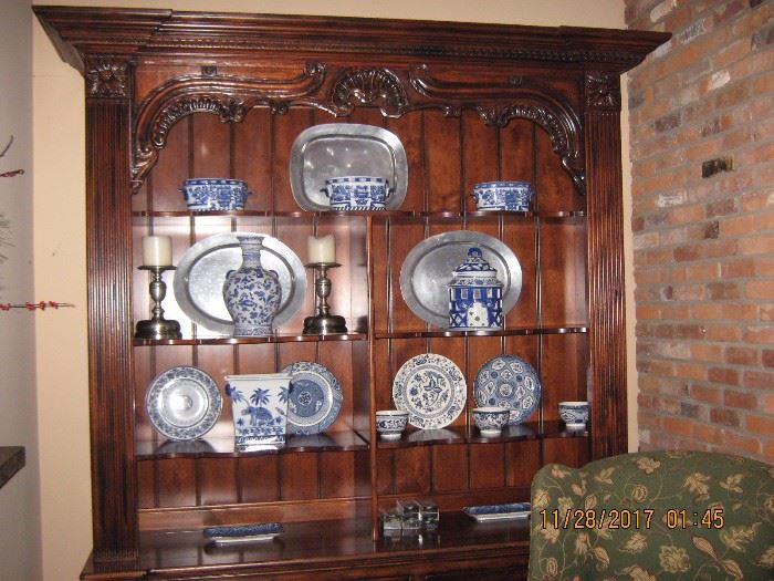 Large Drexel Carved Step Back Cupboard, PewterTrays, Blue and White China