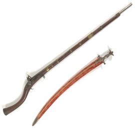 Afghan Jezail Flintlock Musket, with Engraved Brass Strap, and Sword in Sheath