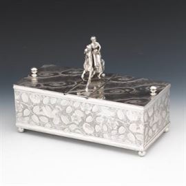 American Arts  Crafts Equestrian Sterling Silver Plated Dual Chamber Tea Caddy, ca. 19th century 