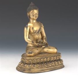 Antique Tibetan Gilt Bronze Sculpture of Healing Buddha in Dhyana Mudra of Absolute Balance on Lotus Throne
