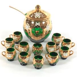 Bohemian Emerald Glass, Gilt and Enamel Fourteen Piece Punch Set 