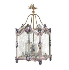 French dOre Bronze Porcelain and Glass Four Light Lantern, ca. Early 20th Century 