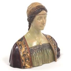 Large Pottery Portrait Bust of Renaissance Maiden, ca. 19th Century 