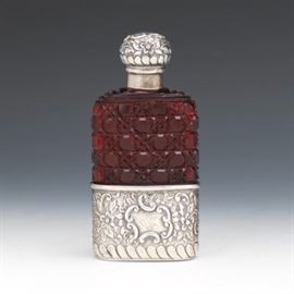 Sterling Silver and Red Glass Flask
