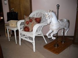 WICKER CHAIR AND CAROUSEL HORSE