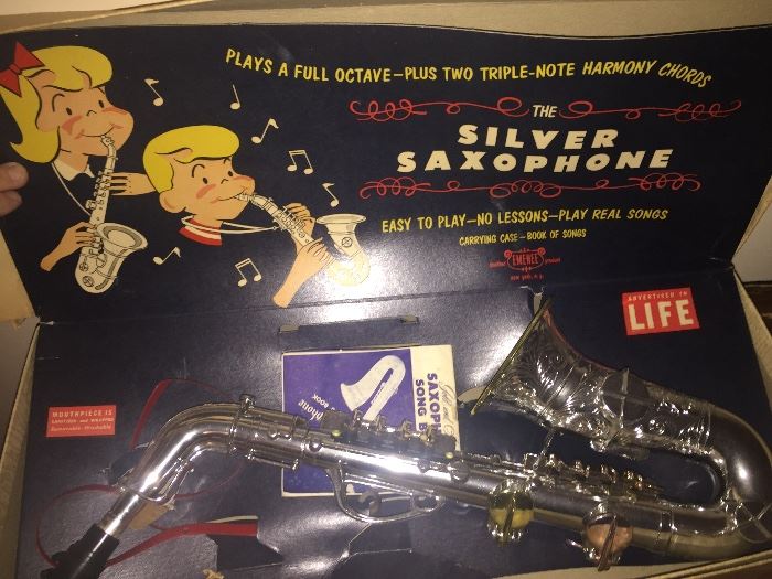 Emenee Musical Toys...the Silver Saxophone...still in original box! 