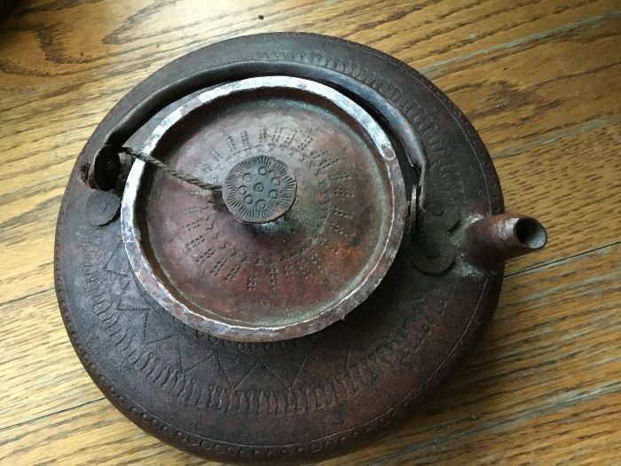 Antique copper hand hammered tea kettle $50