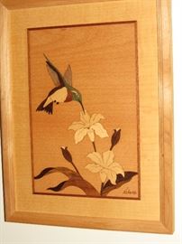 Inlaid wood hummingbird picture