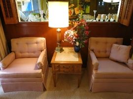 Mid Century Modern Style Chairs, Accent Table, Lamp