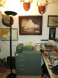 Vintage File Cabomet, Artwork, Deer And Horn Mounts, Sandshore by C Pond