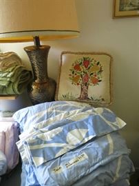 Beautiful Hammered Mid Century Modern Lamp, Nice Crewel Pillow