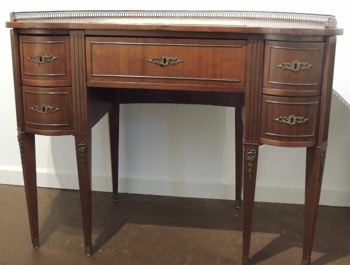 Kidney Shaped French Style Ladies House Writing Desk in Walnut and Mahogany with Original Key