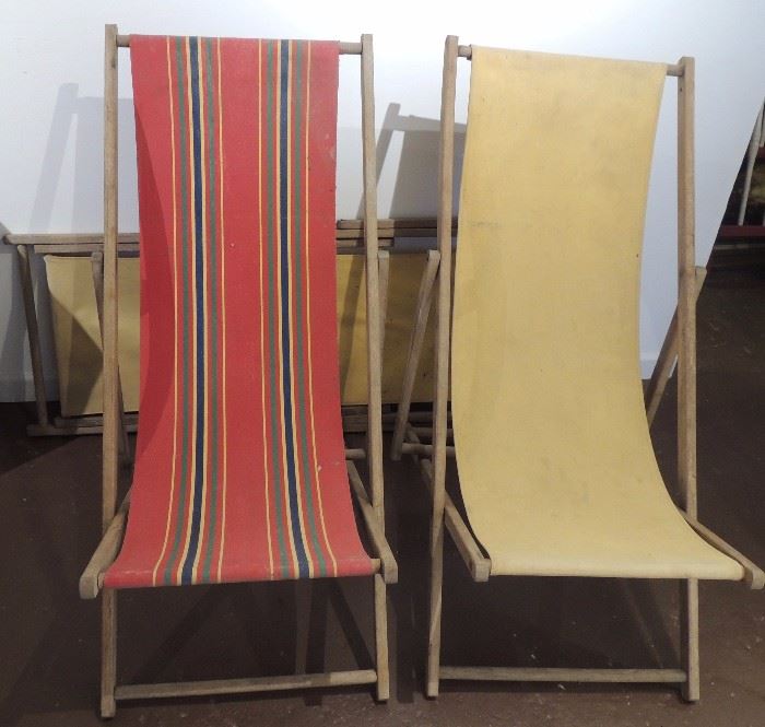 Mid Century Folding Canvas Sling Lounge Beach Slat Chairs