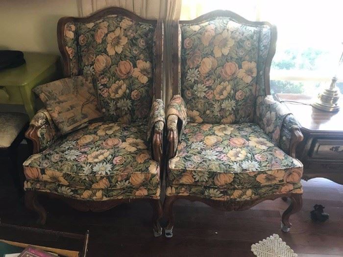 #3 (2) flower upholstered wood arm wingback chairs $150.00