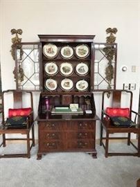 Vintage John Stuart Co Mahogany Secretary and Pair of Chinese Chairs