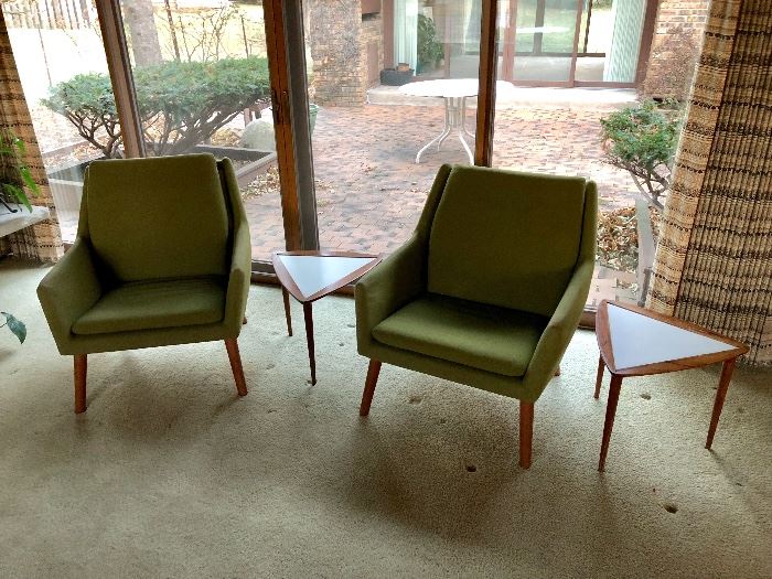 1960-70's Godtfred Petersen’s Denmark Upholstered Chairs; 2  Side Tables