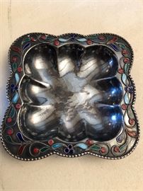 Small Silver Enameled Dish